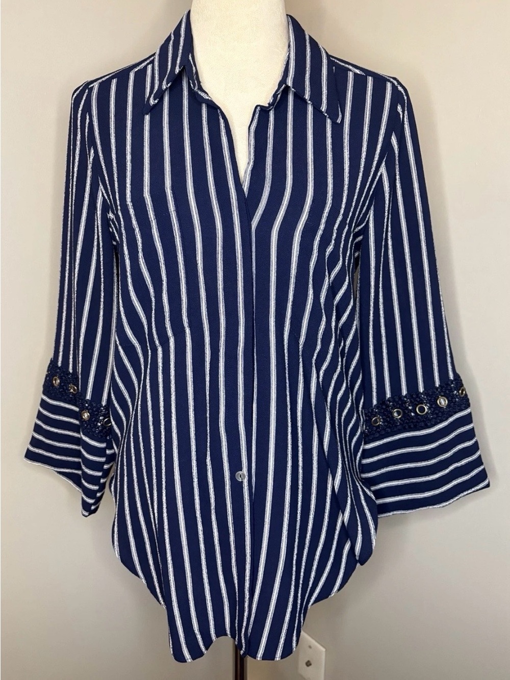 Misa Los Angeles Blue White Striped Button-Down Bell Sleeve Shirt Grommets Small